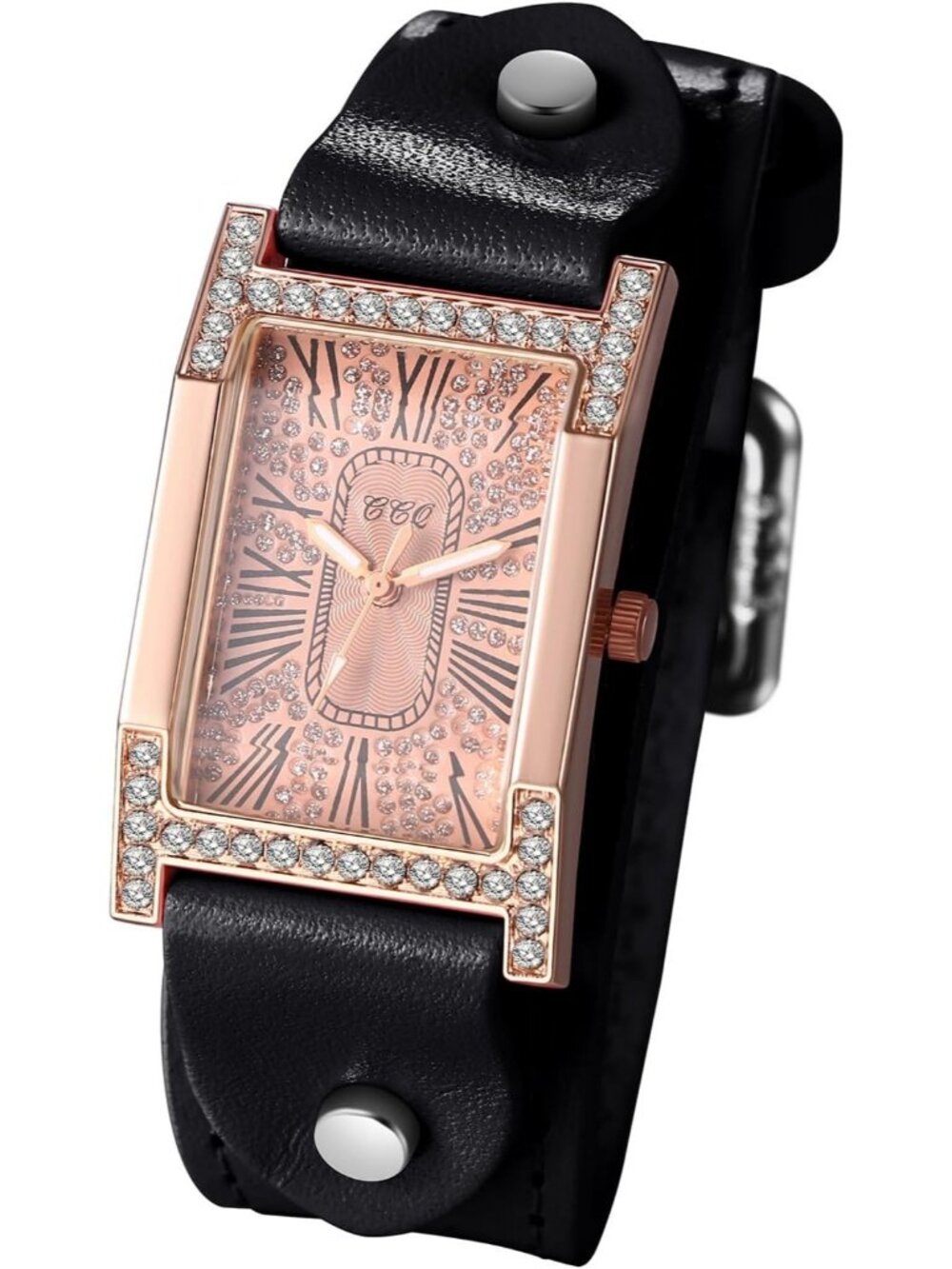 Women's Black Vintage Square Leather Iced-Out Quartz Analog Classic Wrist Watch